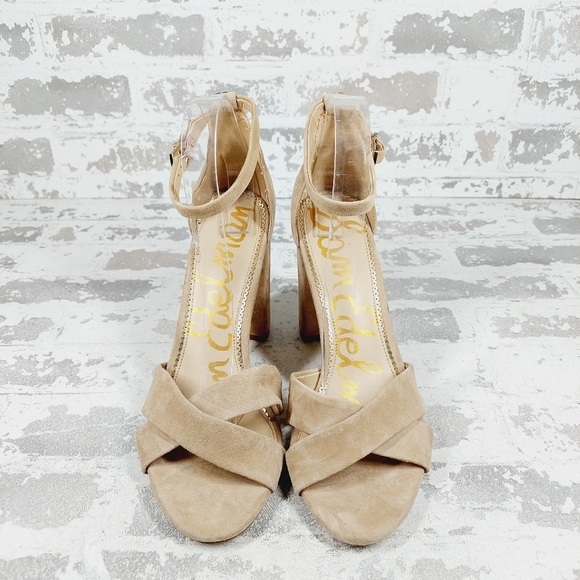 NEW Sam Edelman Yaro Cream Tan Suede Open Toe Ankle Buckle Heeled Sandals E607 - Picture 3 of 12